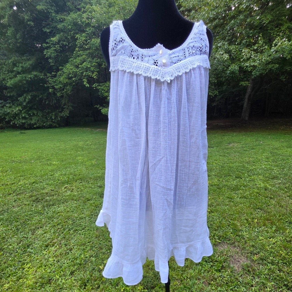 VTG 90s Nightflowers NY White Cotton Gauze Nightgown Lace Ruffle Romantic Bridal